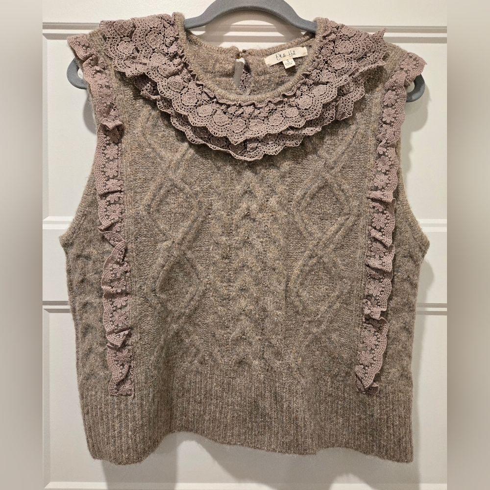 New Oli & Hali Knit Lace-Trim Sleeveless Sweater Vest - Taupe